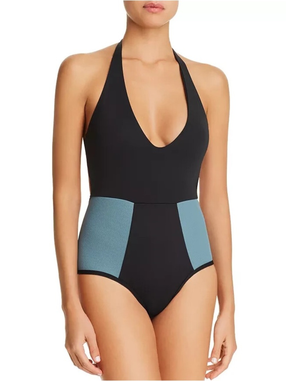 L Space Fireside halter plunging One Piece swimsuit black and Light Turquoise